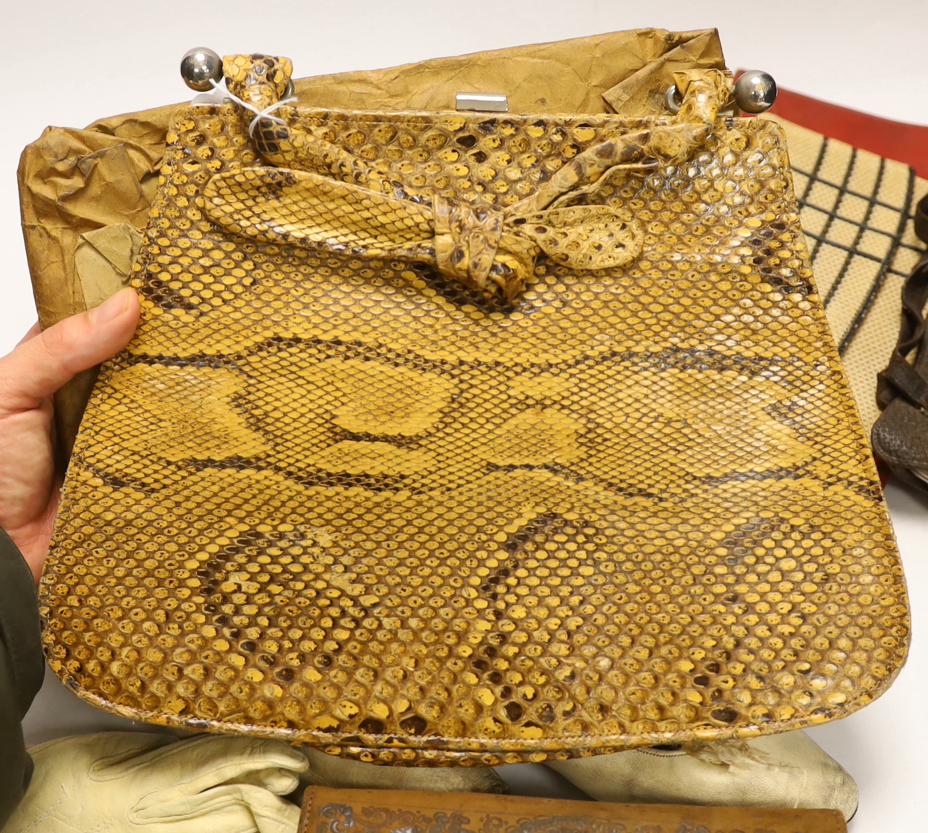 A pair of ladies Edwardian cream silk shoes, a snakeskin handbag, a 1940's clutch bag, etc.